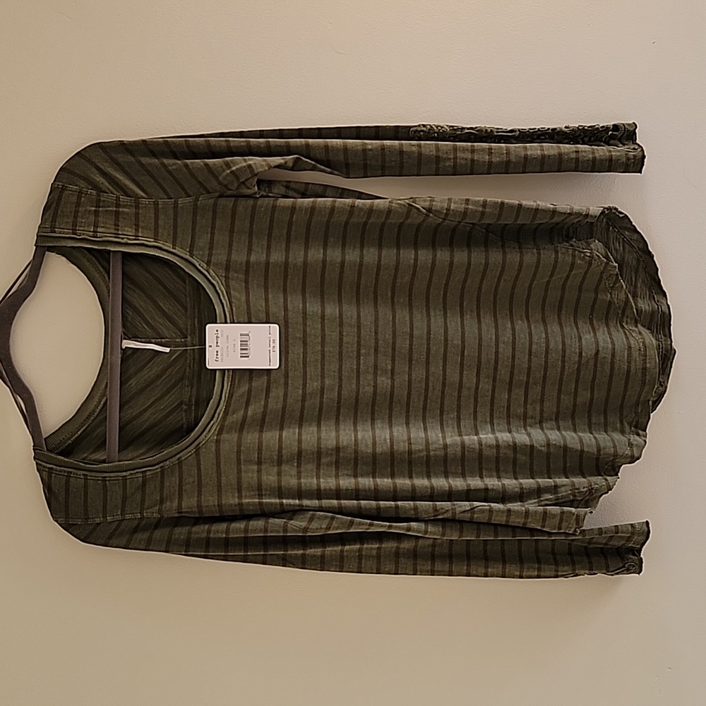 NWT Free People Olive Striped Scoopneck Embroidered Long Sleeve Top Size: L